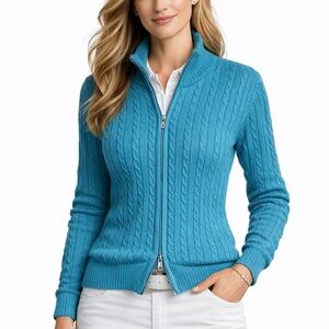 IZOD Cable Knit Cardigan Full 2-way Zipper Sweater Turq Blue 100% Cotton